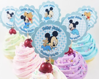 Personalized Baby Mickey Baby Shower or 1st Birthday 2" Scallop Cupcake Toppers Mix 'n Match