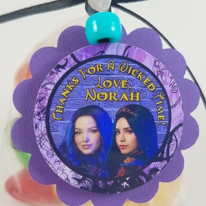 Personalized Disney's Descendants 3 Mal Evie Birthday Party Favor Bag Tags 2" Scallop Purple Black Teal Turquoise