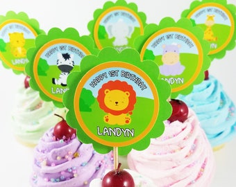 Personalized 2" Scallop Baby Shower Birthday Jungle Animals Safari Cupcake Toppers