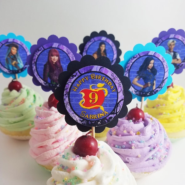 Personalized Disney's Descendants 2 Mix 'n Match 2" Scallop Cupcake Toppers Classroom Party Purple Teal Black