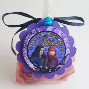 Personalized Disney's Descendants 2  Mal Evie Birthday Party Favor Bag Tags 2" Scallop Purple Black Teal Turquoise