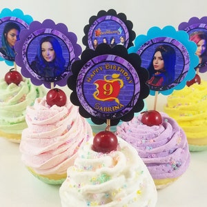 Personalized Disney&#39;s Descendants 3 Mix &#39;n Match 2&quot; Scallop Cupcake Toppers Classroom Party Purple Teal Black