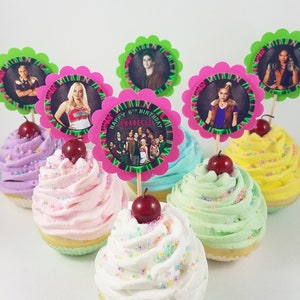 Personalized Disney Zombies 2 Birthday Cupcake Toppers 2" Scallop Pink Green Classroom Party