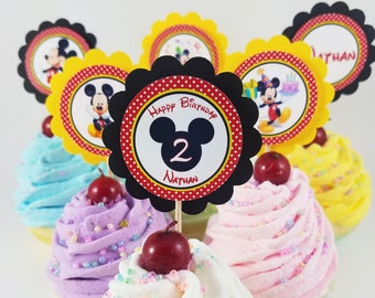 Personalized Mickey Mouse 2" Scallop Mix n Match Birthday Cupcake Toppers Classroom Party Red Black Yellow