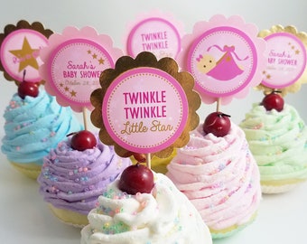 Personalized Twinkle Twinkle Little Star Baby Shower 2" Scallop Mix n Match Cupcake Toppers It's a Girl Gold Pink