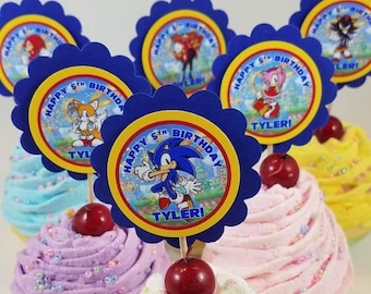 Personalized Sonic the Hedgehog 2" Scallop Birthday Cupcake Toppers Classroom Party