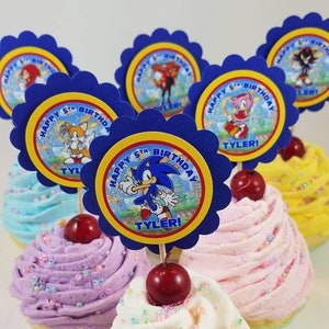 Personalized Sonic the Hedgehog 2" Scallop Birthday Cupcake Toppers Classroom Party