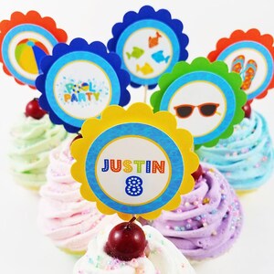 Personalized Pool Party Birthday 2&quot; Scallop Cupcake Toppers End of Summer Party