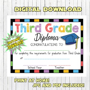 Third Grade Diploma Fill in the Blanks by Hand PRINT AT HOME Digital Download