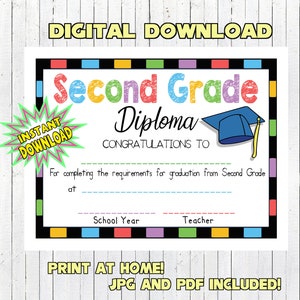 Second Grade Diploma Fill in the Blanks by Hand PRINT AT HOME Digital Download