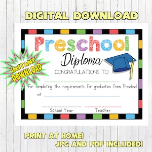 Preschool Graduation Diploma Fill in the Blanks by Hand PRINT AT HOME Digital Download