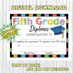 Fifth Grade Diploma Fill in the Blanks by Hand PRINT AT HOME Digital Download