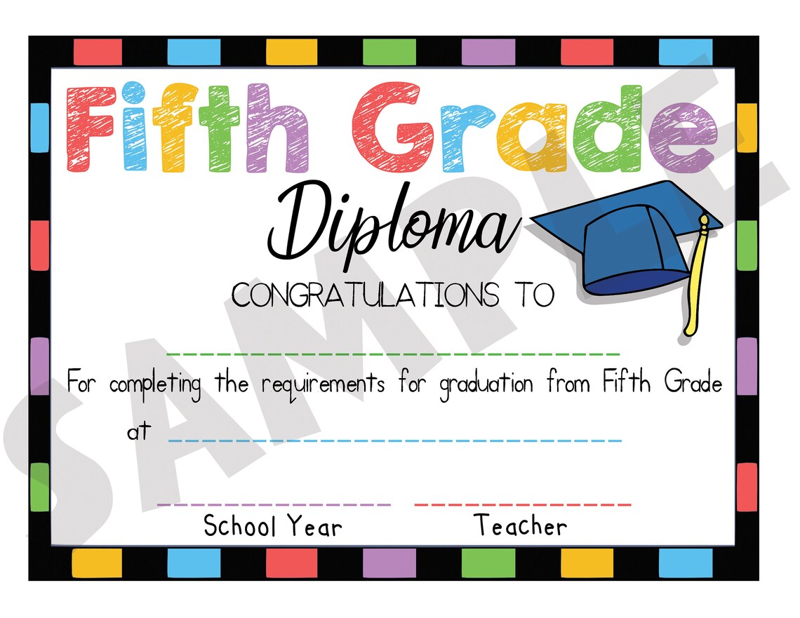Fifth Grade Diploma Fill in the Blanks by Hand PRINT AT HOME | Etsy