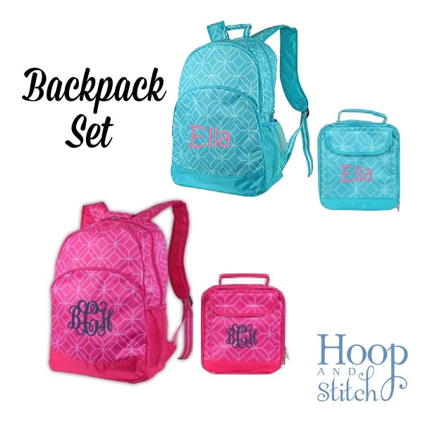 Combo Backpack and Lunch Bag Set with Monogram, Blue Geometric, Pink Geometric, Blue Geo Backpack, Pink Geo Backpack, All for Color Backpack