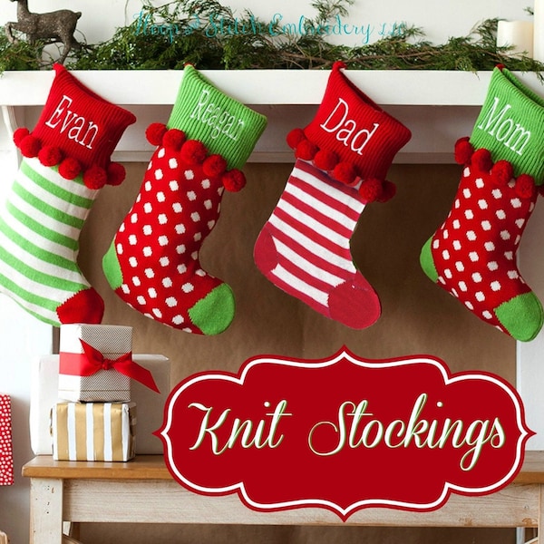 Pom Pom Knit Stocking, Red or Green Knit Stocking,Monogram Christmas Stocking, Personalized Stocking,Dot Knit Stocking, Stripe Knit Stocking