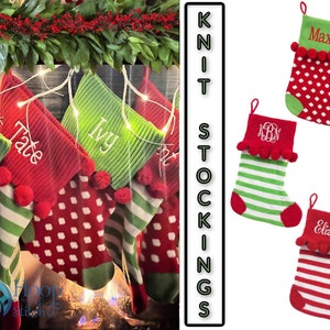 Pom Pom Knit Stocking, Red or Green Knit Stocking,Monogram Christmas Stocking, Personalized Stocking,Dot Knit Stocking, Stripe Knit Stocking