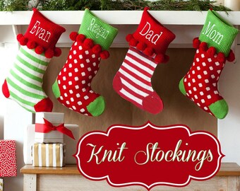 Pom Pom Knit Stocking, Red or Green Knit Stocking,Monogram Christmas Stocking, Personalized Stocking,Dot Knit Stocking, Stripe Knit Stocking