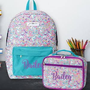 Leopard Girls Personalized Backpack Set, Monogram Backpack, Monogram Lunch Bag, Girls Backpack, Kids Backpack, Purple Leopard Backpack Set