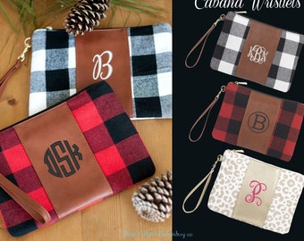 Monogram Wristlet Viv & Lou®, Personalized Wristlet, Monogram Clutch, Red Buffalo Plaid Clutch, Black Buffalo Plaid Clutch, Leopard Clutch