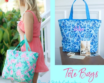 Floral Tote, Monogram Tote Bag, Personalized Tote Bag, Victoria Tote, Blue Floral Tote, Mint Tote Bag, Blue Tote Bag, Flower Tote Bag