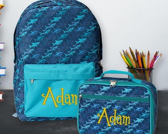Blue Shark Backpack Set, Personalized Backpack Set, Monogram Backpack, Monogram Lunch Bag, Kids Backpack, Boys Backpack, Shark Backpack