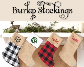 Burlap Stocking, Red Check Stocking, Black Check Stocking, Velvet Burlap Stocking, Monogram Stocking, Personalized Stocking, Burlap Stocking