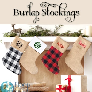 Burlap Stocking, Red Check Stocking, Black Check Stocking, Velvet Burlap Stocking, Monogram Stocking, Personalized Stocking, Burlap Stocking