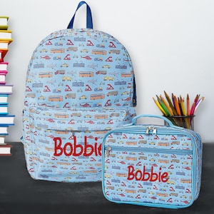 Transportation Backpack Set, Personalized Backpack Set, Monogram Backpack, Monogram Lunch Bag, Cars Backpack, Kids Backpack, Boys Backpack