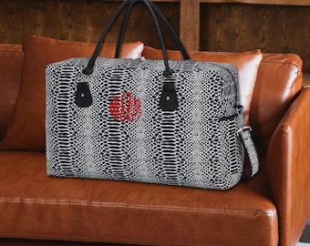 Personalized Viv & Lou® Weekender, Snakeskin Print Weekender Tote Bag, Snakeskin Print Duffel Bag, Snakeskin Print Personalized Travel Bag