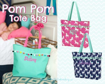 Girls Pom Monogram Tote Bag, Girls Personalized Tote Bag, Girls Tote Bag, Unicorn Tote Bag, Llama Tote Bag, Emily Pom Tote Bag