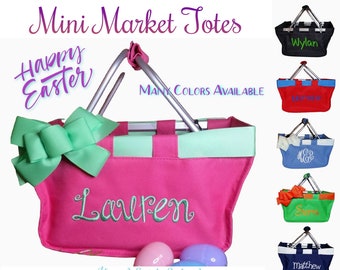 Mini Market Tote with Ribbon Monogrammed Personalized, Grad Gift, Easter Basket, Easter Market Tote, Kids Personalized Easter Basket