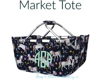 Unicorn Navy Market Tote with Ribbon Monogrammed Personalized in Easter Basket, Grad Gift, Easter Market Tote, Unicorn Easter Tote