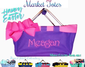 Market Tote with Ribbon Monogrammed Personalized in Easter Basket, Grad Gift, Easter Market Tote, Kids Personalized Easter Basket