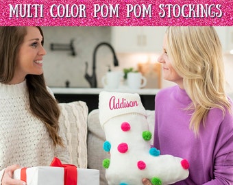 Pom Pom Knit Stocking, Pom Knit Stocking, Monogram Christmas Stocking, Personalized Stocking, Multi Pom Knit Stocking, Pink Knit Stocking
