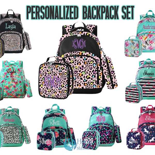 Könnte beinhalten: Satz von neun personalisierten Rucksäcken mit passenden Lunchboxen. Jeder Rucksack hat ein anderes Design, darunter Tierdrucke, Blumenmuster und Streifen. Die Lunchboxen sind alle gleich groß und haben einen Reißverschluss.