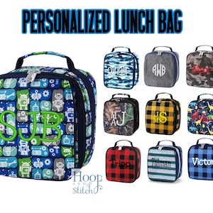 Personalized Lunch Bag, Boys Lunch Bag, Monogram Lunch Bag, Robot Lunch Bag, Navy Lunch Bag, Dinosaur Lunch Bag, Camo Lunch Bag, Check Lunch