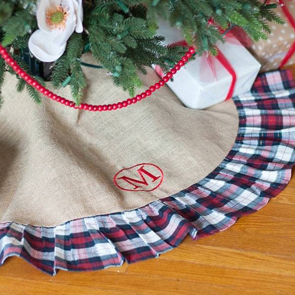 Burlap with Plaid Tree Skirt, Monogram Tree Skirt, Christmas Tree Skirt, Tree Skirt with Monogram, Burlap Plaid Tree Skirt, Plaid Tree Skirt