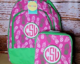 Pineapple Applique Viv & Lou® Backpack and Lunch Bag Combo, Girls Backpack, Girls Lunch Bag, Monogram Backpack, Pineapple Backpack