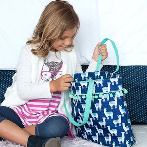 Navy blue llama tote bag with mint handles and trim accented with mint pom pom trim around the top to be monogrammed with embroidery in the font and thread color of your choice