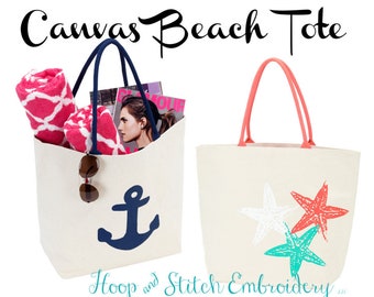 Viv & Lou® Canvas Tote Bag, Anchor Beach Tote, Monogram Beach Bag, Monogram Beach Tote, Personalized Beach Tote, Viv and Lou Tote