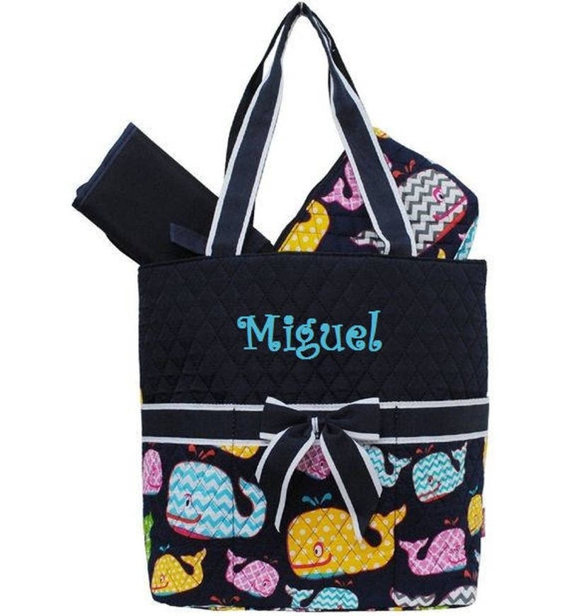 Monogram Whale Diaper Bag Zipper Pouch /& Changing Pad with Monogram Navy Whale Diaper Bag Navy Whales with Chevron Diaper Bag