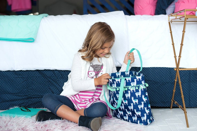Navy blue llama tote bag with mint handles and trim accented with mint pom pom trim around the top to be monogrammed with embroidery in the font and thread color of your choice