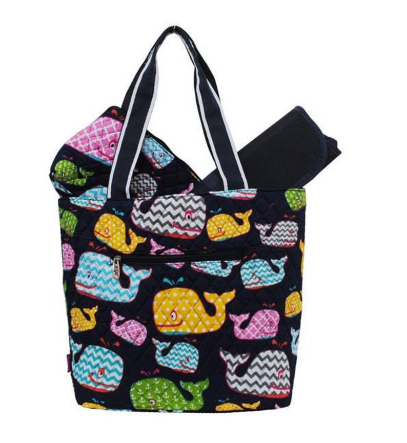 Monogram Whale Diaper Bag Zipper Pouch /& Changing Pad with Monogram Navy Whale Diaper Bag Navy Whales with Chevron Diaper Bag