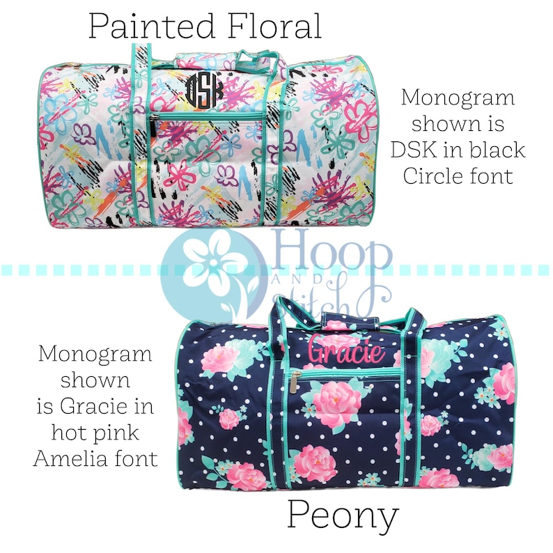 May include: Two duffel bags with floral patterns. The top bag has a painted floral design with a black monogram. The bottom bag features a navy blue background with pink peony flowers and the name "Gracie" embroidered in pink.