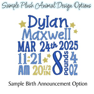 May include: A birth announcement design with the names Dylan and Maxwell in blue, along with birth details: March 24th, 2025, 11:21 AM, 8 pounds, 4 ounces, and 20 1/2 inches. Gold stars accent the design. The text "Sample Birth Announcement Option" is at the bottom.