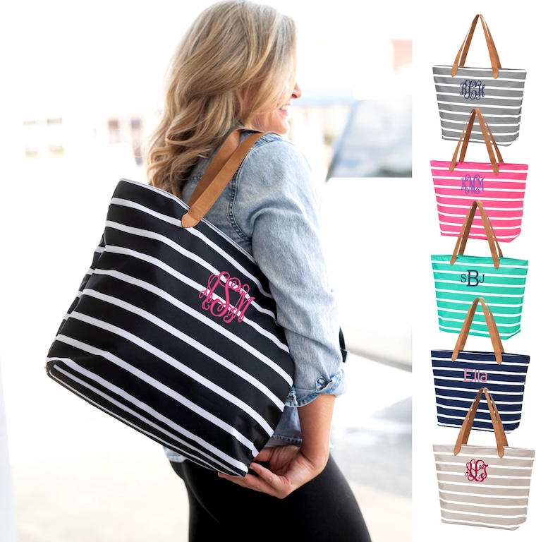 Striped shoulder tote with vegan leather tan handles, outer zipper pocket and top zipper closure with name or monogram in the font and thread color of your choice, available in black, tan, gray, hot pink, navy or mint