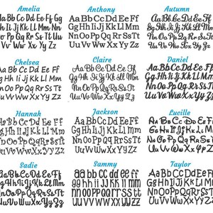 May include: A collection of embroidered alphabet fonts, each with a unique style. The fonts are displayed in rows, with names like "Adam," "Amelia," and "Anthony" above each style. The letters are in various sizes and styles.