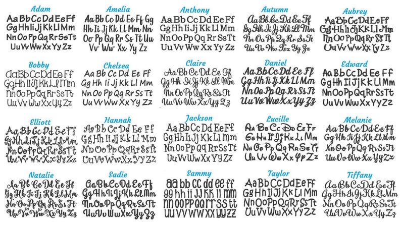 May include: A collection of embroidered alphabet fonts, each with a unique style. The fonts are displayed in rows, with names like "Adam," "Amelia," and "Anthony" above each style. The letters are in various sizes and styles.