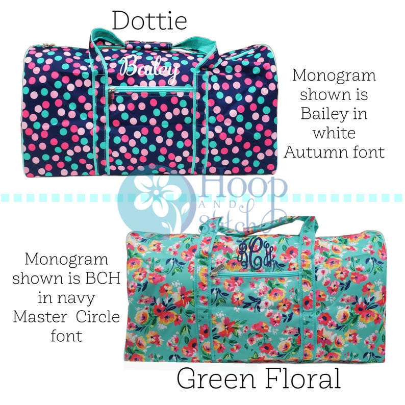 May include: Two duffel bags. The top bag is navy blue with pink and teal polka dots, the name "Bailey" is embroidered in white. The bottom bag is green floral with a monogram.