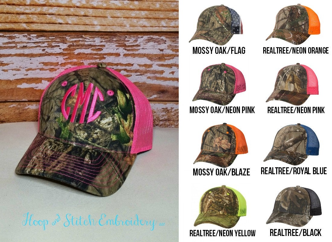 Women's Camo Trucker Cap or Hat with Monogram for Wedding, Bridesmaids, Graduation, Mossy Oak and Hot Pink, Yellow, Realtree